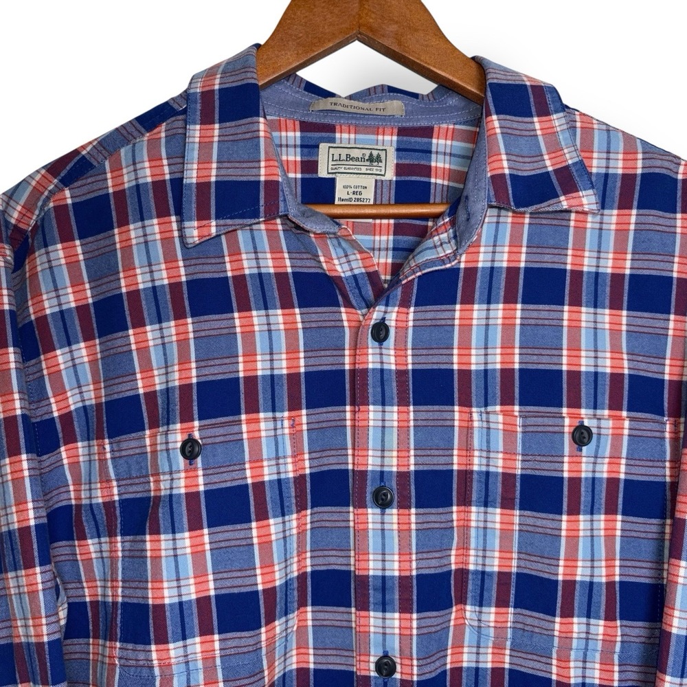 L.L.Bean Men's Large Scotch Plaid 100% Cotton Button Up Shirt Blue Orange White